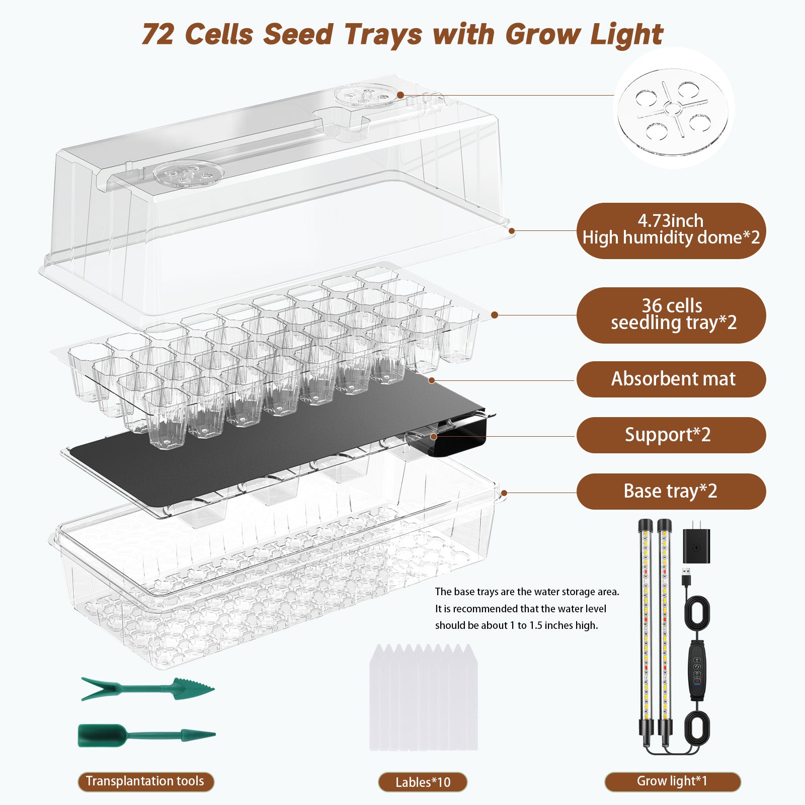 Aegreene 72 Cells Seed Starter Tray Self Watering, Seed Starter Kit with Grow Light