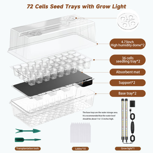 Aegreene 72 Cells Seed Starter Tray Self Watering, Seed Starter Kit with Grow Light